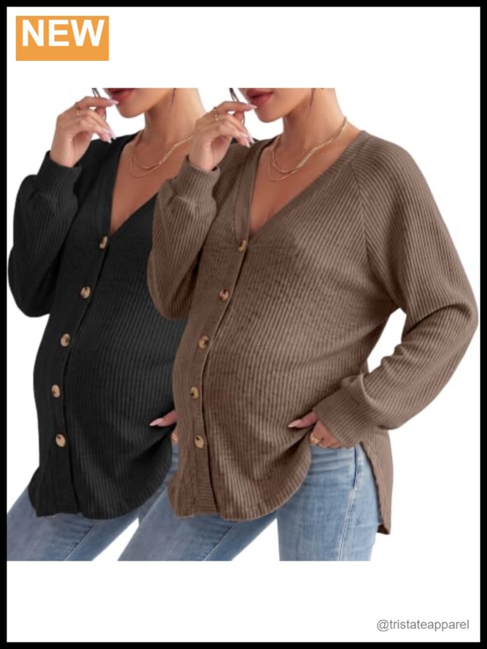 2 Pack Maternity Ribbed Knit Button Down V Neck Long Sleeve Blouses 95%